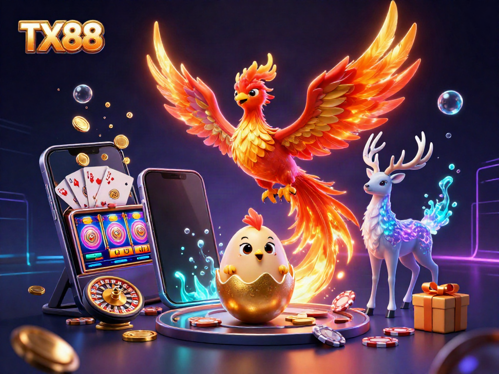Experience thrilling wins with TX88 in a majestic 3D casino illustration featuring a phoenix and slot games.
