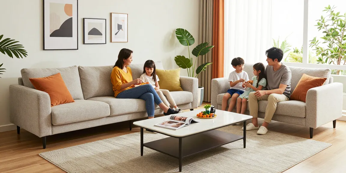 Familie, die gemeinsame Zeit in einem stilvollen Wohnzimmer genießt, das Möbel Deutschland online kaufen hervorhebt.