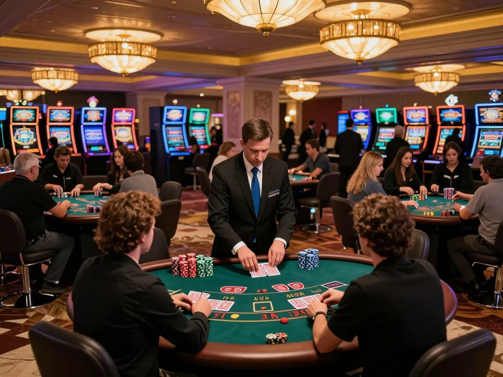 Experience high-stakes gameplay at https://98win9.co.com/ with professional dealers and excited players on casino floor.