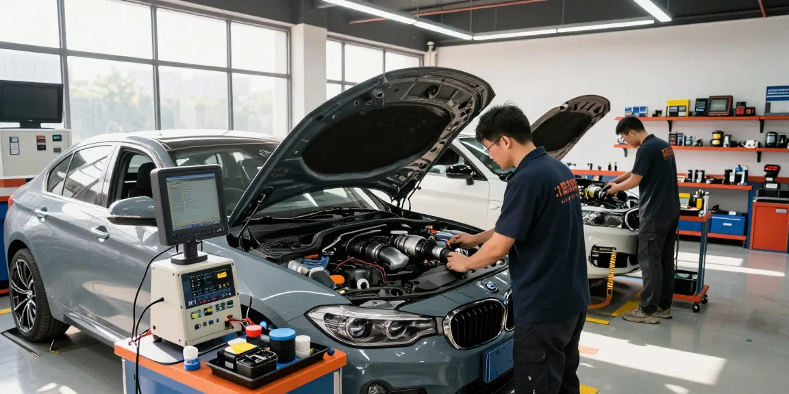 Chiptuning Hannover in professioneller Meisterwerkstatt mit Techniker an BMW, moderne Ausrüstung sichtbar.
