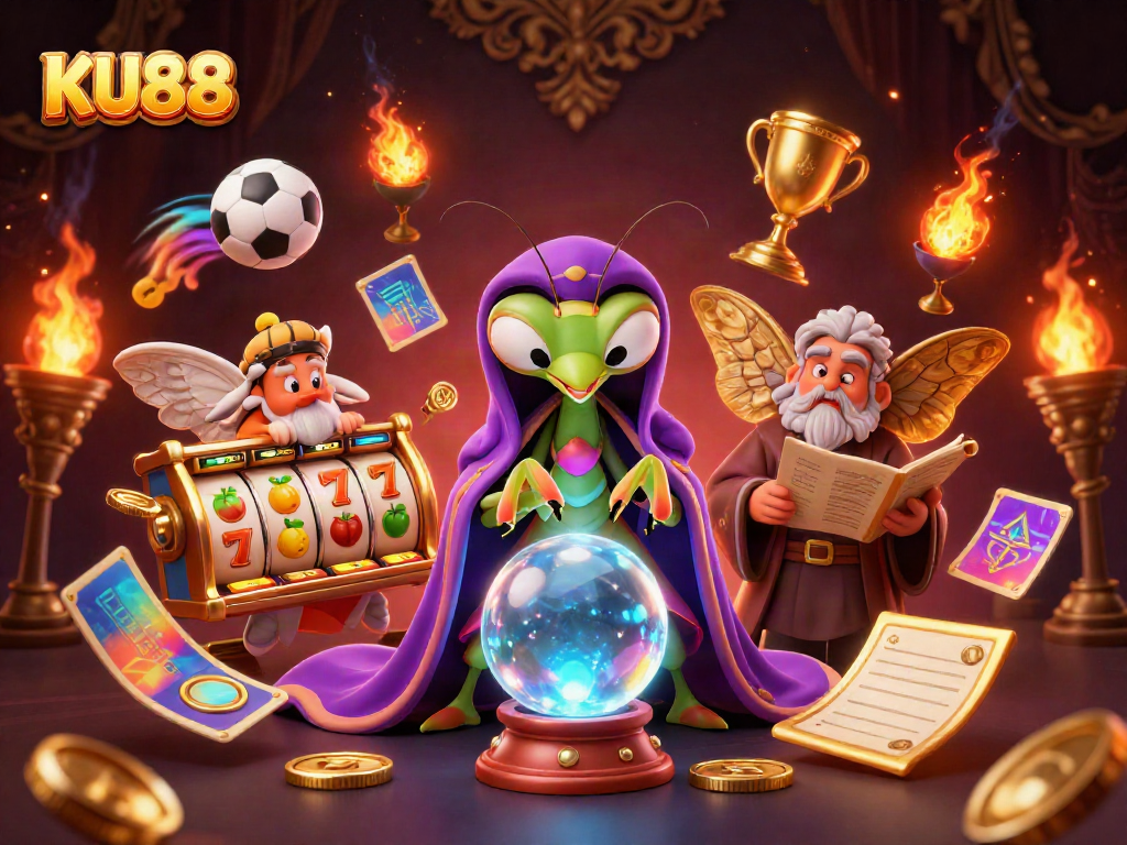 Celebrate wins at KU88 with vibrant 3D elements like slot reels and sports icons.
