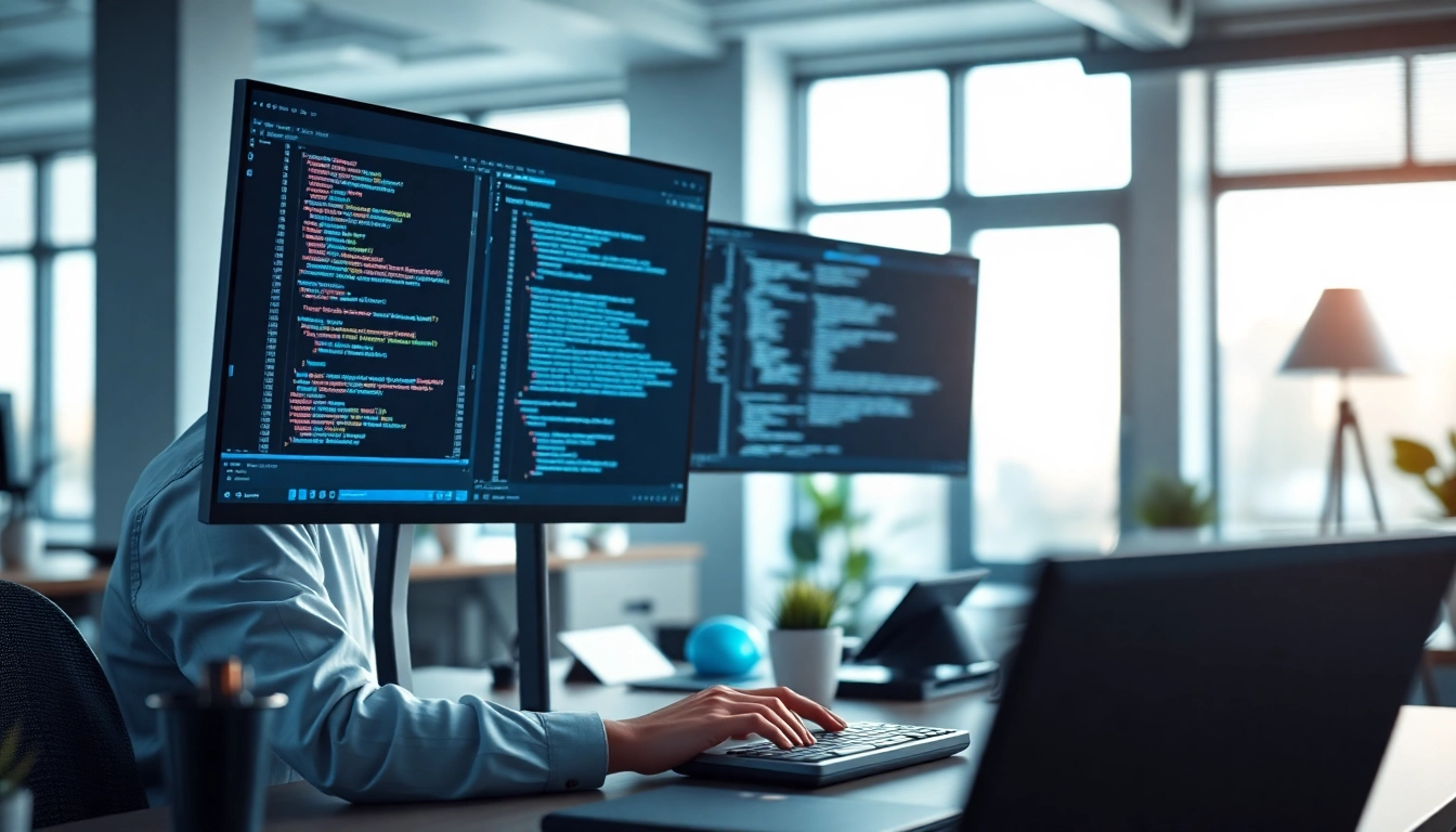 Webentwickler Hannover arbeitet konzentriert an dualen Monitoren in modernem Büro.