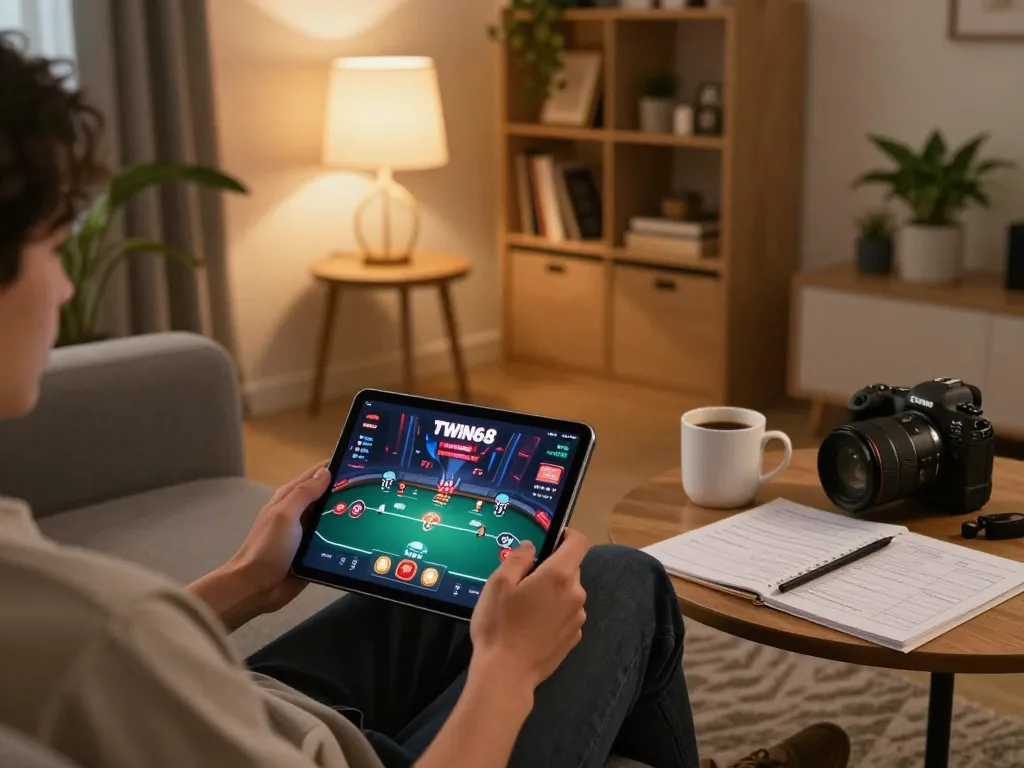 TWIN68 player enjoying online poker on tablet in cozy home setup with strategy notes.
