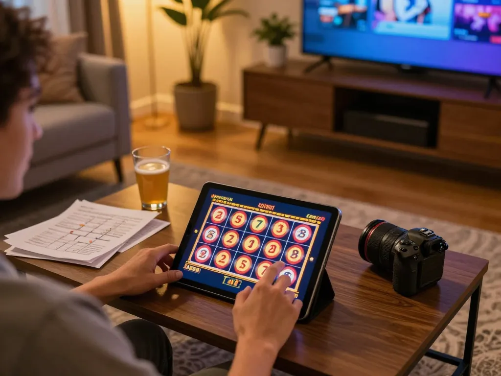 Player enjoying a thrilling slot game on Man88 platform from the comforts of home.