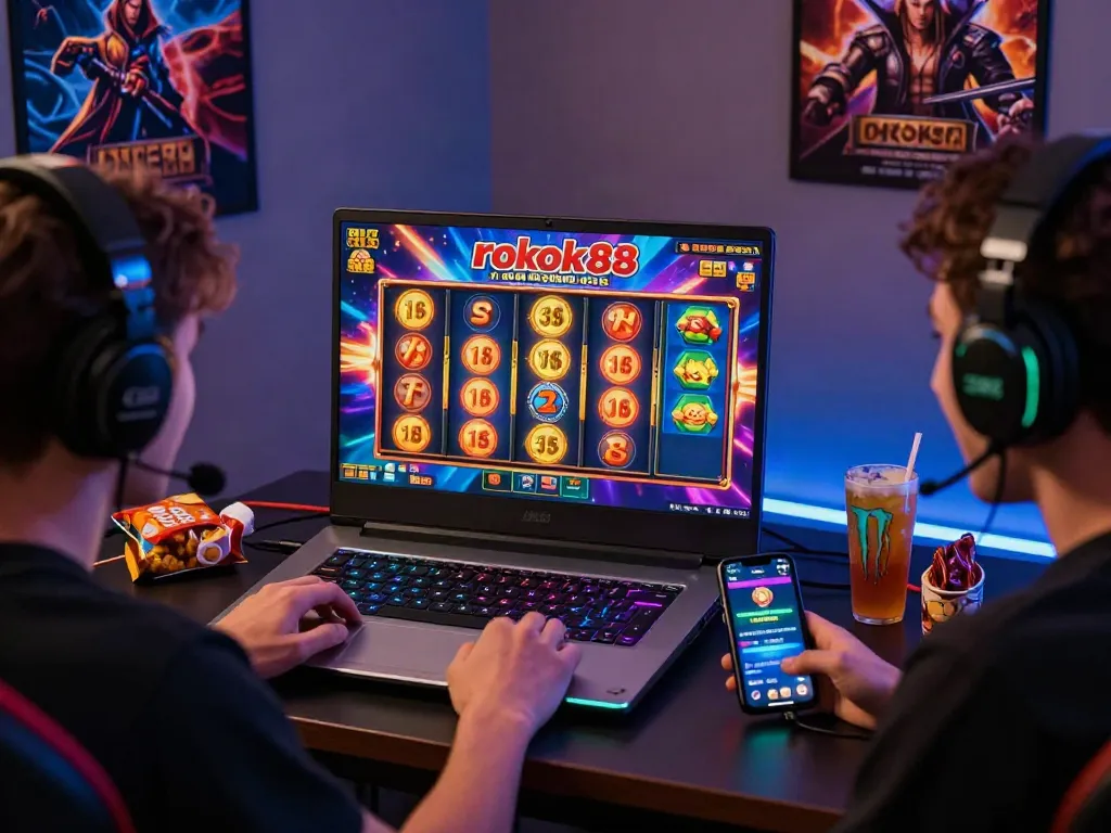 Player enjoying a thrilling rokok88 slot game on a sleek laptop, celebrating wins with vibrant graphics.