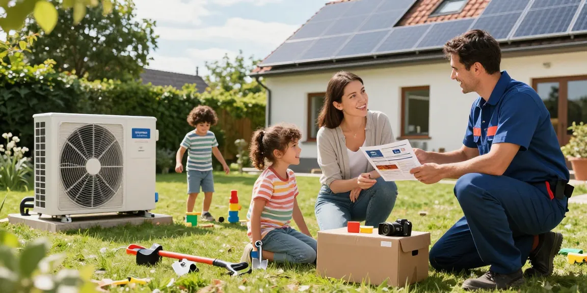 Wärmepumpe kaufen discussion in a family backyard with technician showing benefits of heat pumps.