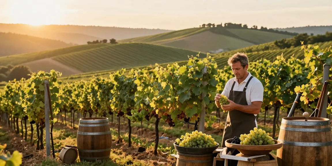 Winzer entdecken in malerischen Weinbergen bei Sonnenaufgang mit reifen Trauben und traditioneller Ernteatmosphäre.