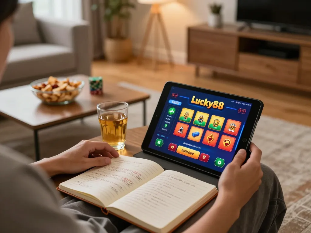 Engaging in online Lucky88 gaming experience from a cozy home setting with betting strategies.