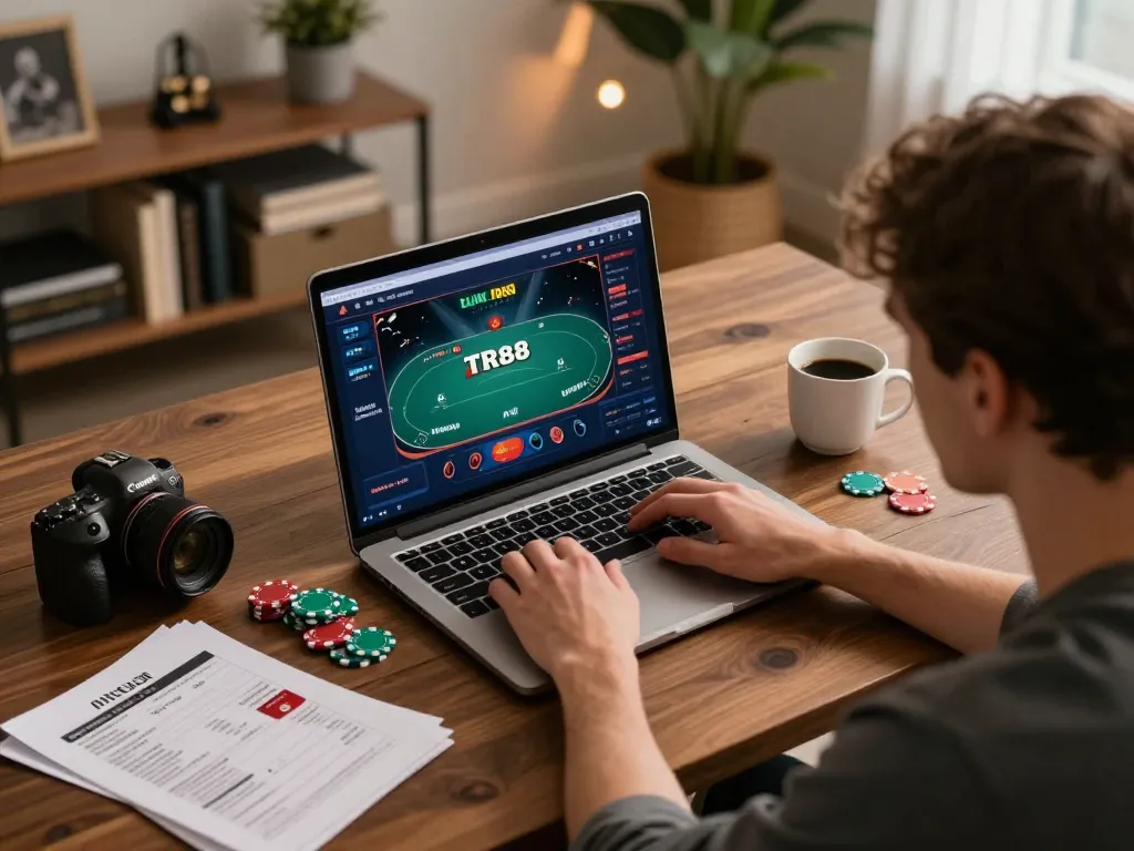 Players engaging in TR88 online poker game in a cozy home office environment with strategy notes.