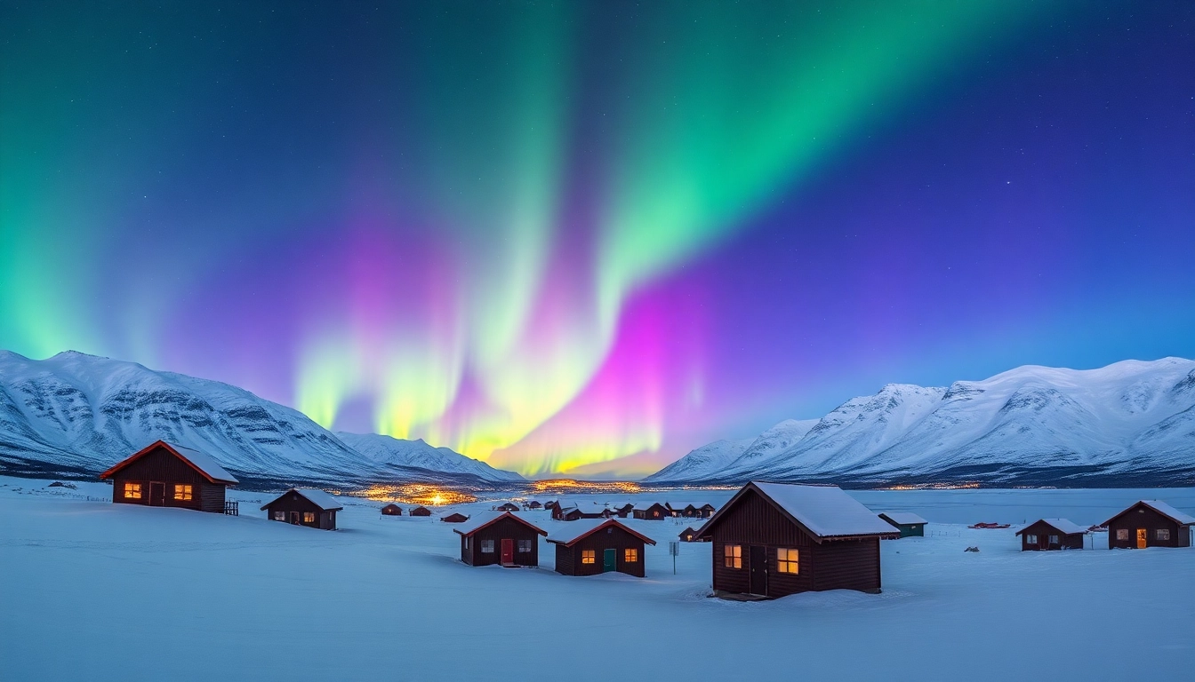 Nordlichter in Tromsø erleuchtet über einem verschneiten Landschaft mit traditionellen Hütten.