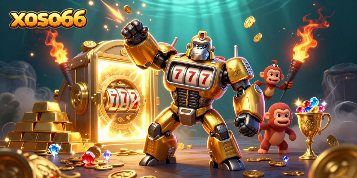 Experience thrilling slots with xoso66 as golden gorilla mech bursts coins into a treasure-filled scene.