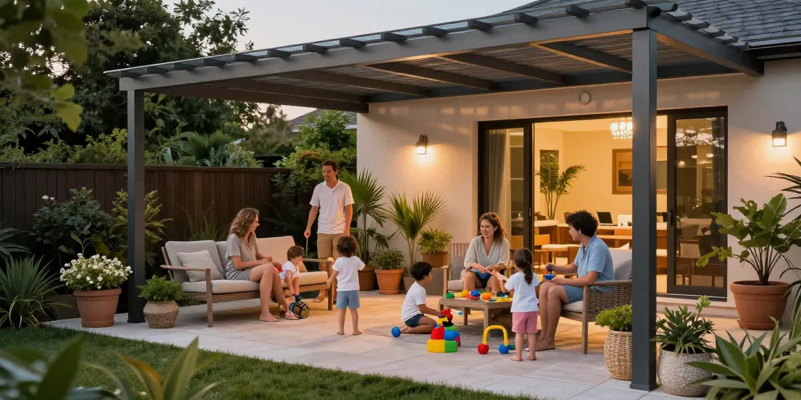 Terrassenüberdachung in modernem Design, die Familie unter dem Aluminium-Pergola genießt die Zeit im Freien.