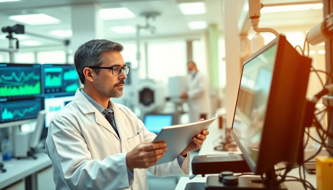 Umweltforschung: Forschungswissenschaftler analysiert Daten in modernem Labor mit Hochtechnologie.