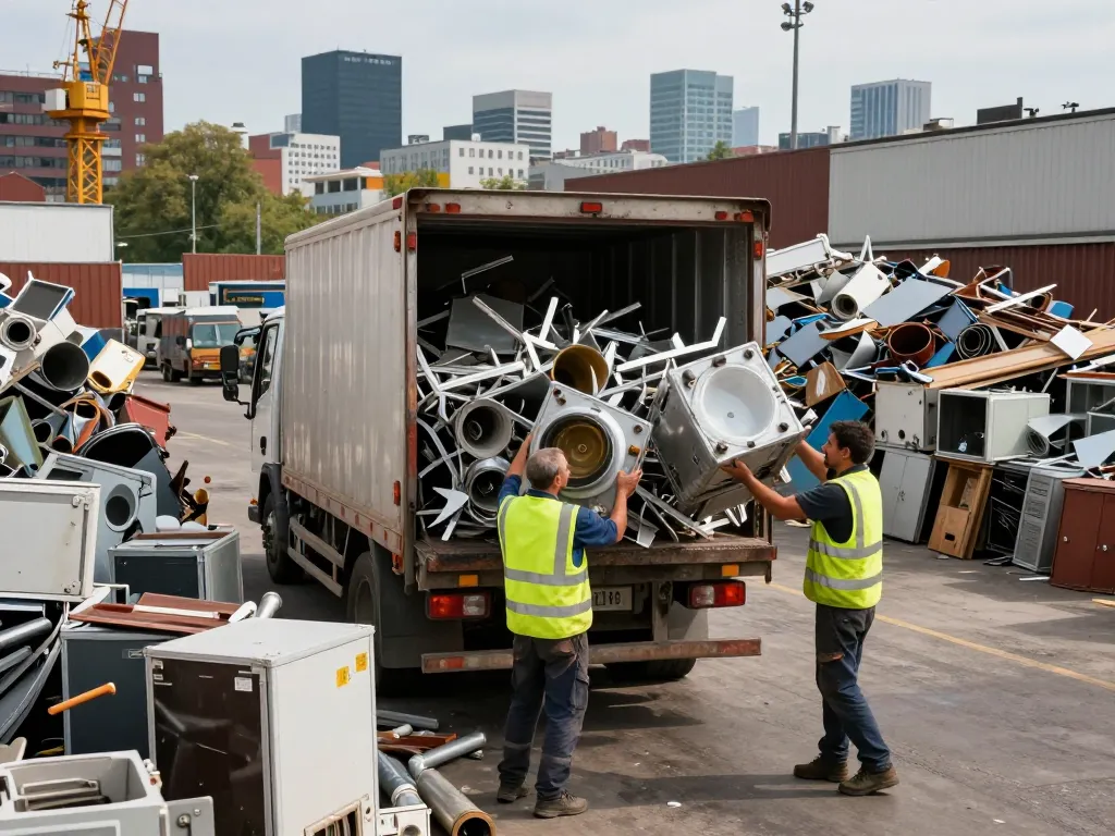 Schrottankauf-Mitarbeiter sammeln Metallreste in einer städtischen Umgebung.