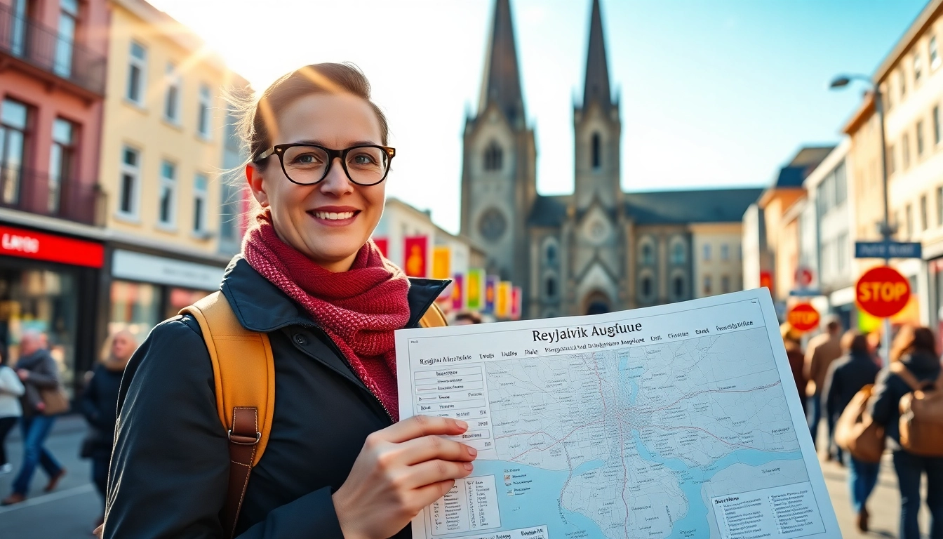Reykjavik Ausflüge mit einem Reiseführer, der eine Karte in der Stadt hält.