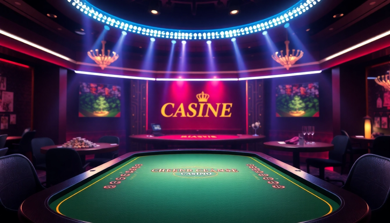 Spielen Sie Casino online in einem aufregenden, bunten Ambiente mit lebendigen Lichtern und einem Spieltisch im Fokus.