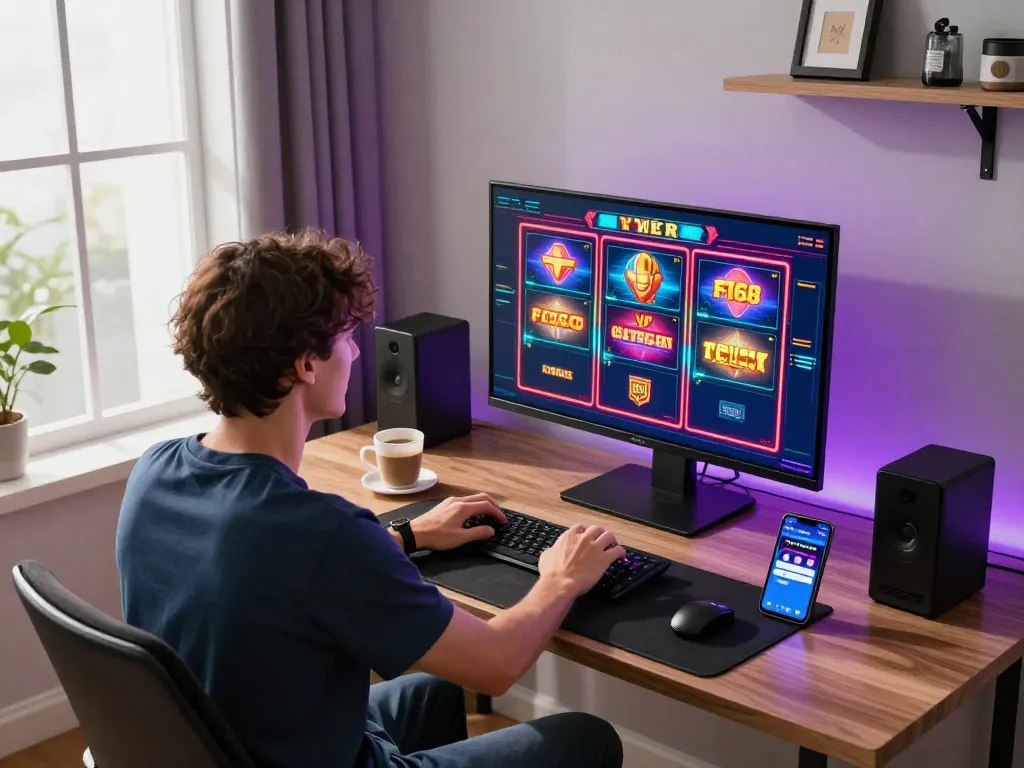 Engaged player enjoying F168 vip slots on a stylish home office setup, showcasing responsible gaming.
