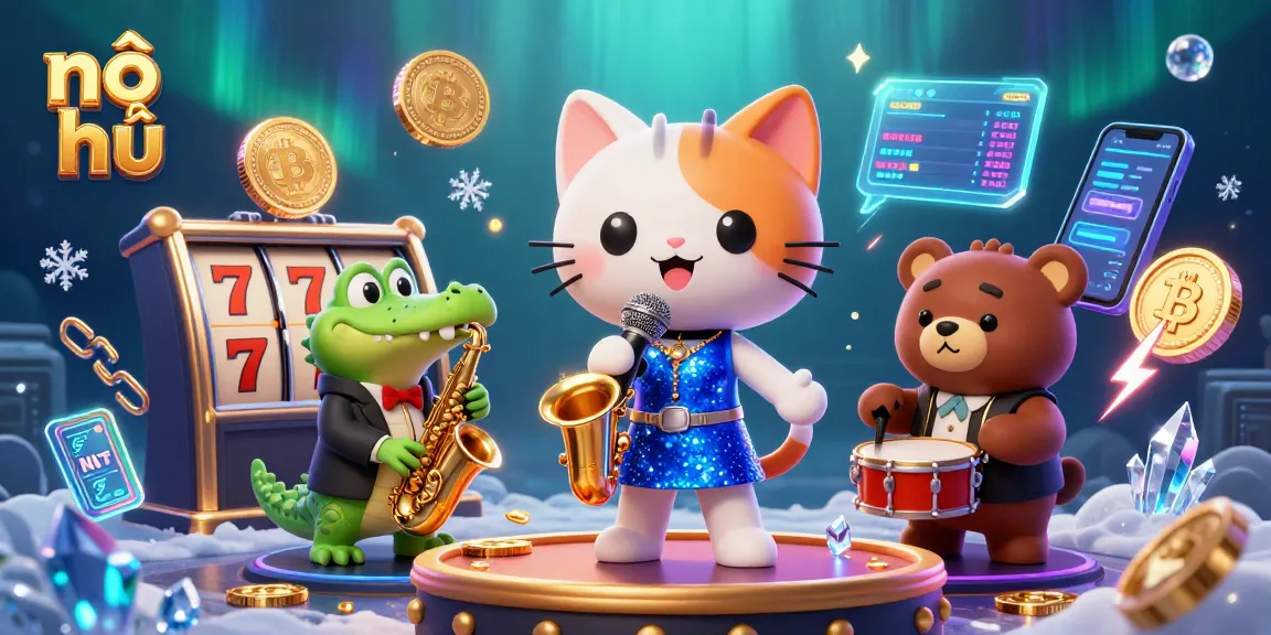 Engage in exciting nổ hũ gameplay with lively characters in a colorful casino scene full of slot reels.