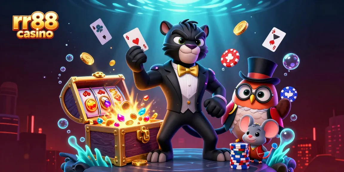 Experience thrilling gameplay at rr88 casino with a stylish panther dealer, poker chips, and vibrant gaming elements.