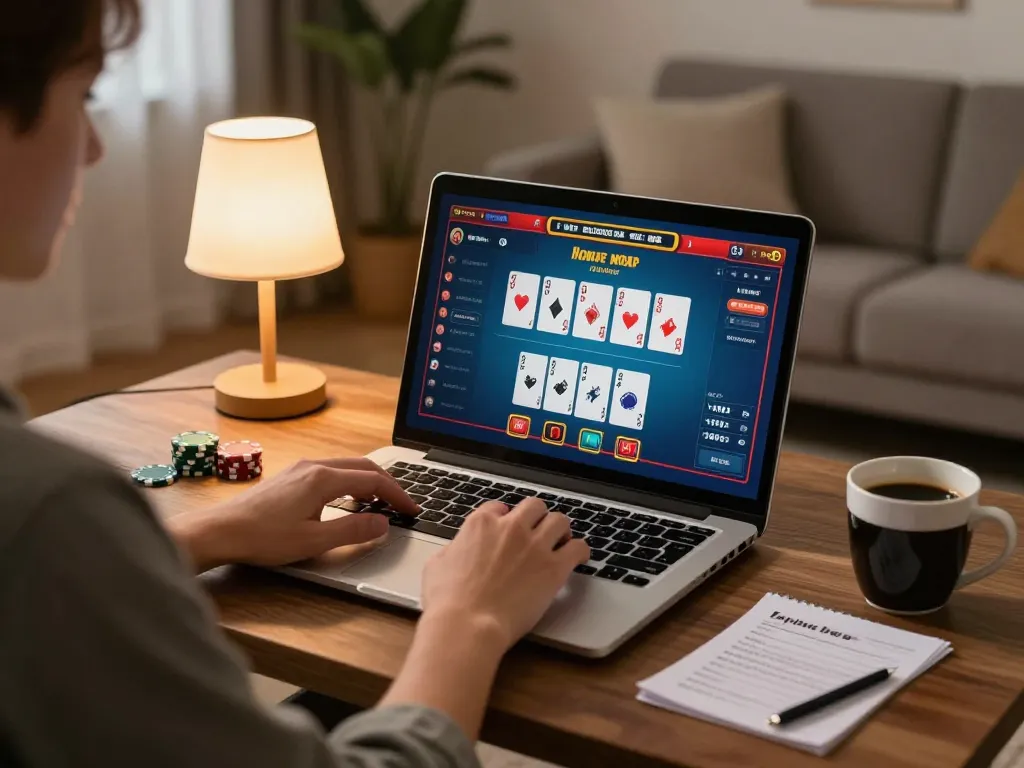 Player engages with online nhat vip games on laptop in warm home setting.