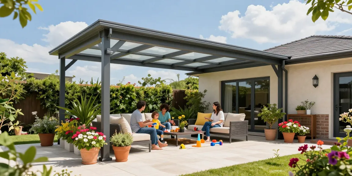 Moderne Terrassenüberdachungen bieten einen einladenden Rückzugsort für Familien im Freien.