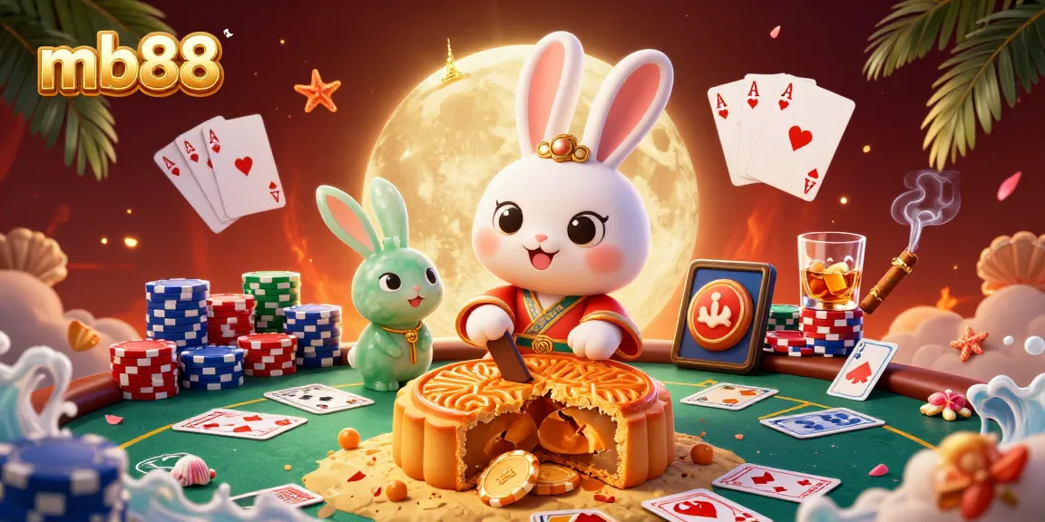 Enjoy thrilling poker action with mb88 as the moon rabbit and jade companion play games on lunar surface.