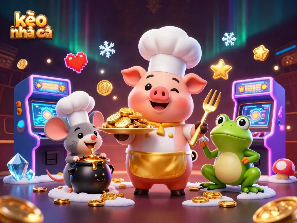 Place bets on kèo nhà cái as a pig chef serves gold coins in a vibrant casino scene.
