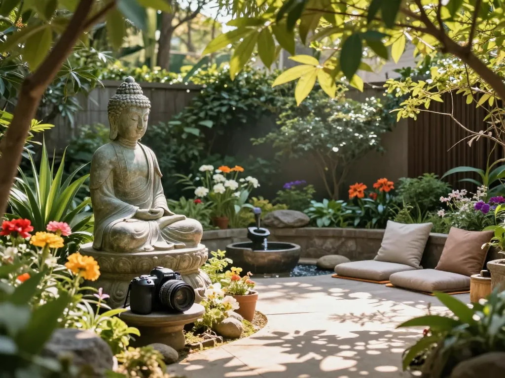 Wunderschöner Garten mit einer Buddha Skulptur, umgeben von Blumen und Grün, die einen ruhigen Meditationsraum schafft.