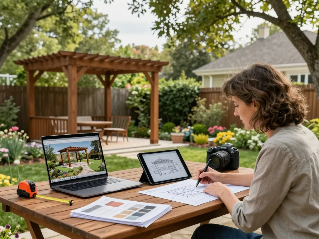 Erstellung eines maßgeschneiderten Pergoladesigns mit Software für Pergola-Installateure in einem üppigen Garten.