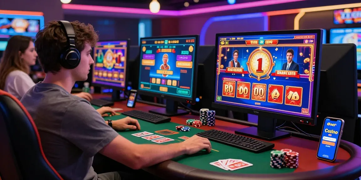 Beef Casino Spieler mit Live-Casino-Spielen und bunten Slots am Computer, aufregende Atmosphäre.