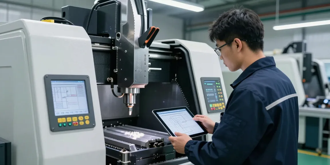CNC-Bearbeitung mit Präzisionstechnik, Techniker arbeitet an hochmodernem Maschinenpark.