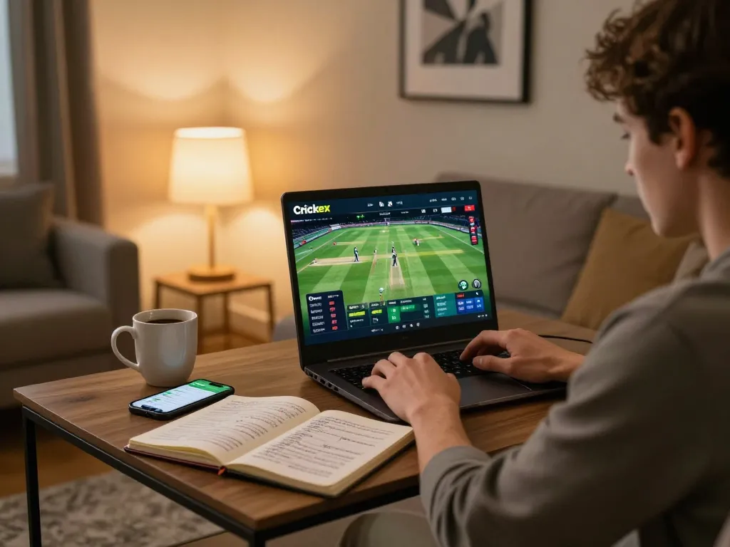 Person betting on Crickex from home, engaging with online cricket match and strategic notes.