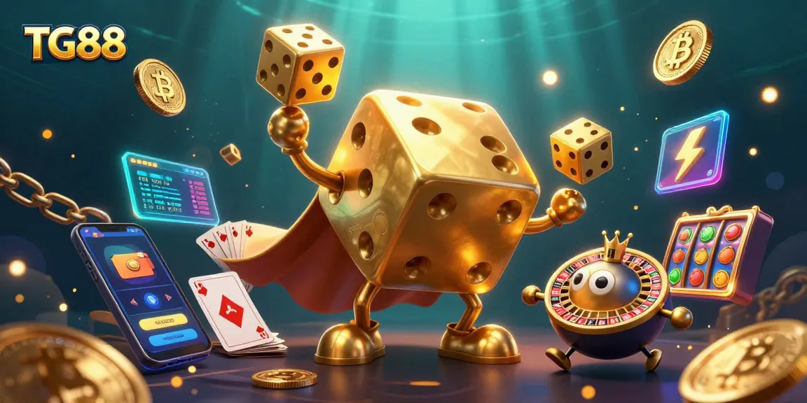 TG88 rolling dice and juggling coins in a vibrant online casino scene