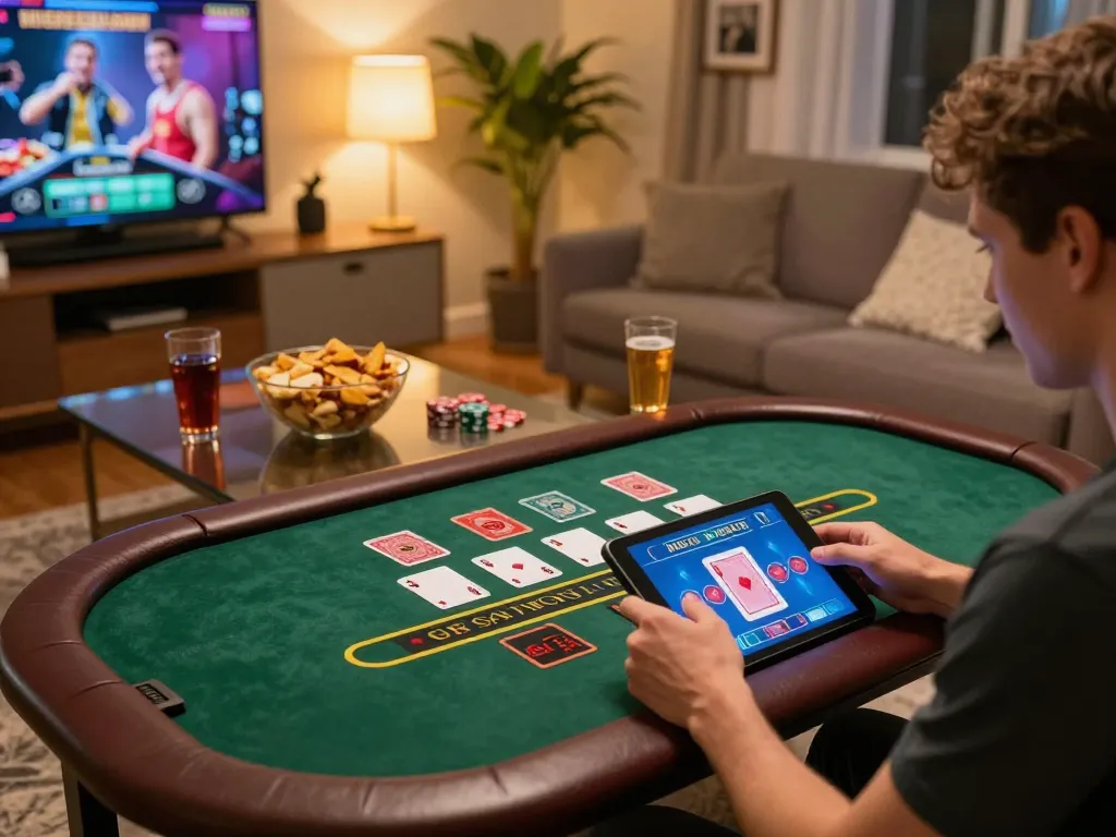 good88 enthusiast enjoying an engaging online baccarat game on tablet amidst a cozy living room setting