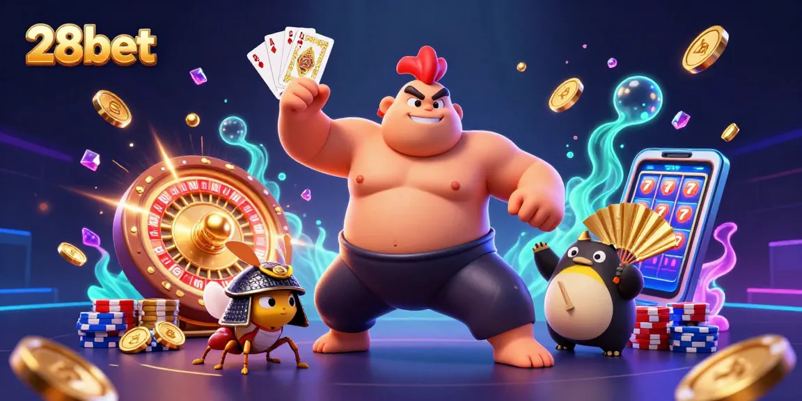 Experience vibrant 28bet gaming action with a powerful sumo rooster, fierce cricket, and exciting casino elements.