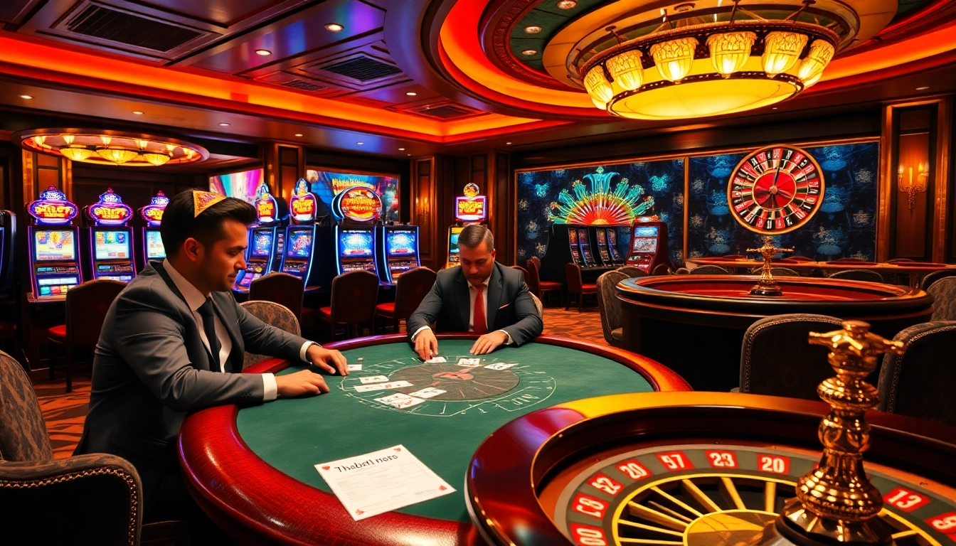 Players engaged in a thrilling poker game at Thabet77 Casino, showcasing excitement and strategy.