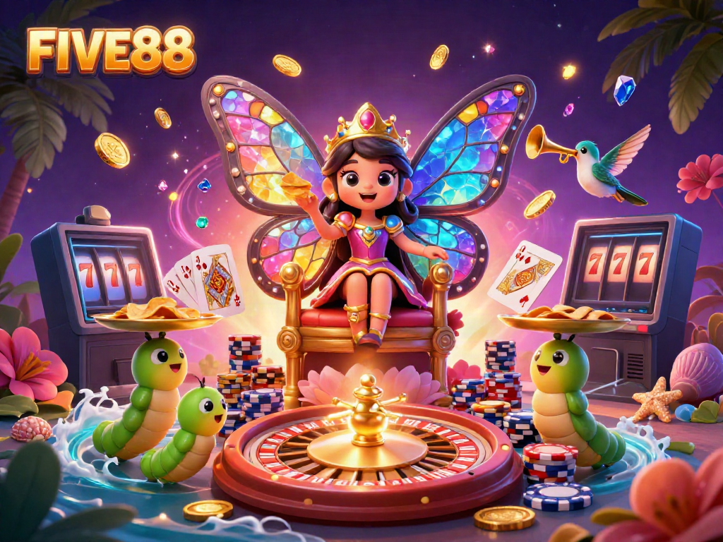 Experience the vibrant world of FIVE88 through a dazzling 3D illustration showcasing a cartoon butterfly queen amid casino elements.