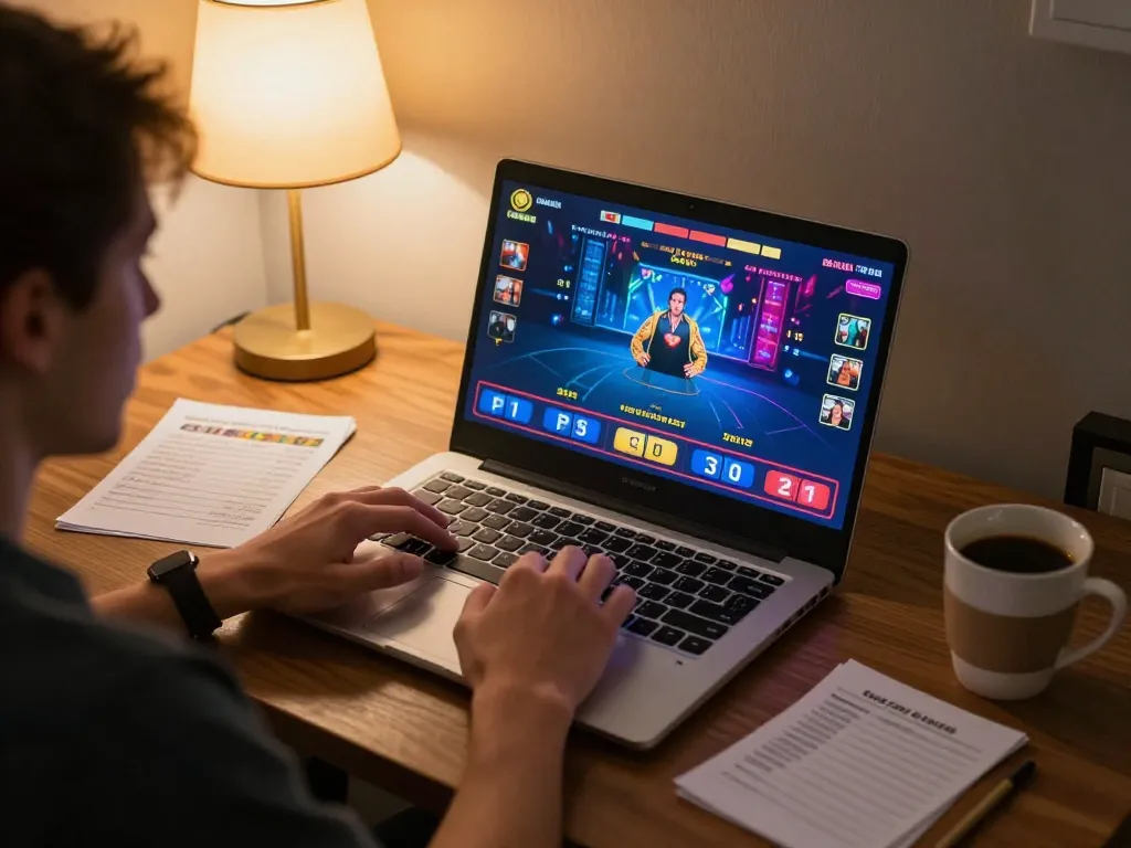 Player enjoying online casino gaming with engaging link vào vmax displayed on the laptop screen in a cozy environment