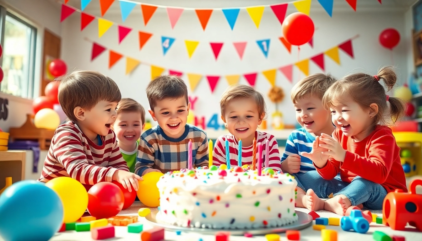 Kindergeburtstag 4 Jahre mit fröhlichen Kindern beim Spielen und einer bunten Dekoration.