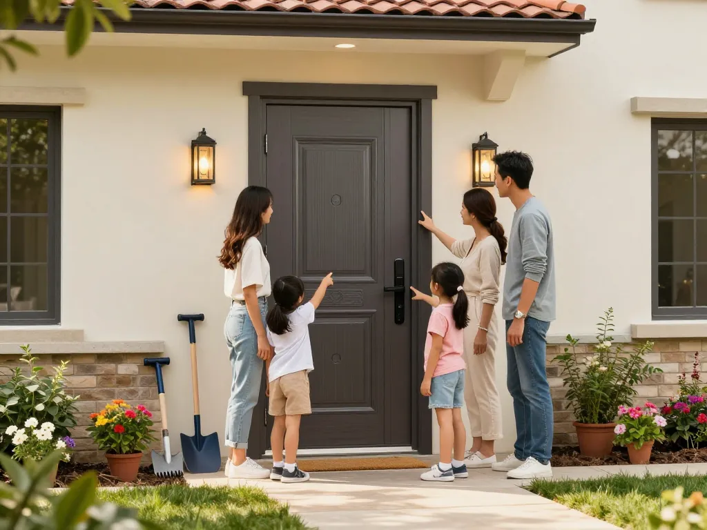 Familie diskutiert ein modernes Haustürdesign in ihrem gestalteten Garten, das die Renovierung des Hauses hervorhebt.