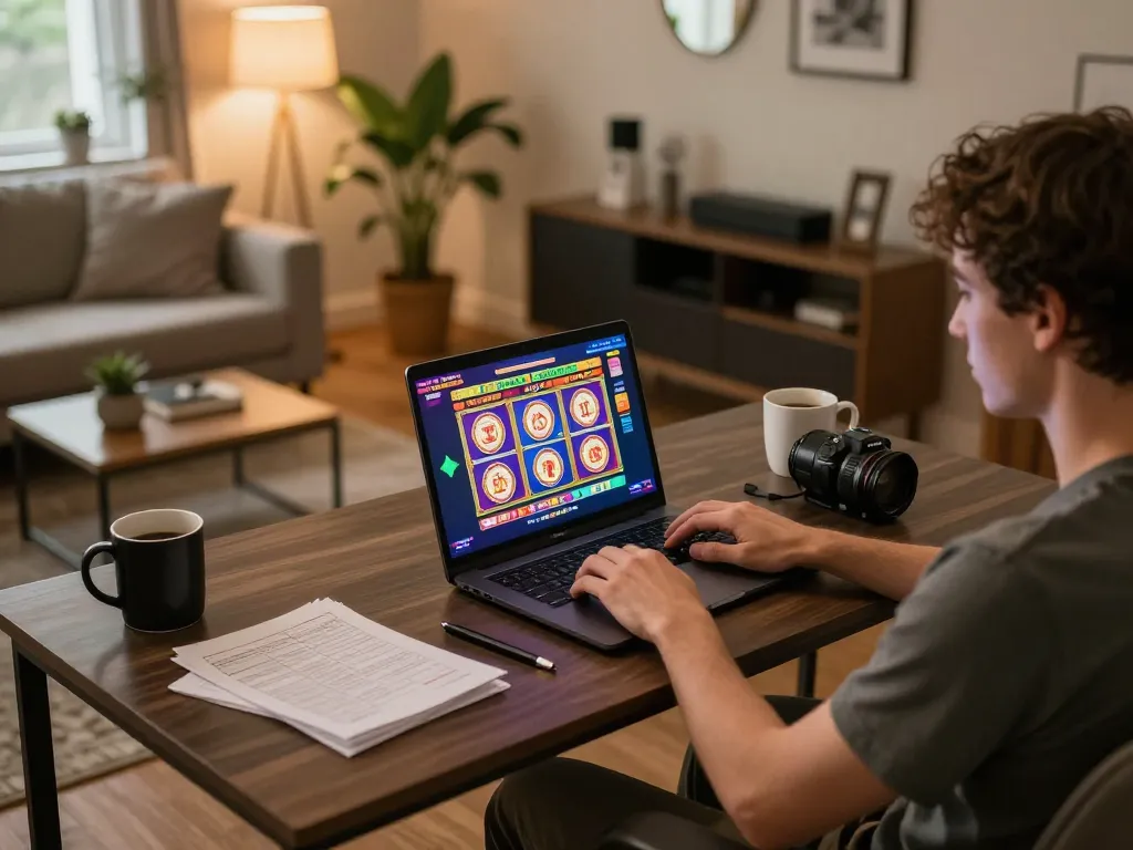 Engaging online gaming session with nhà cái C168 at a stylish home desk.