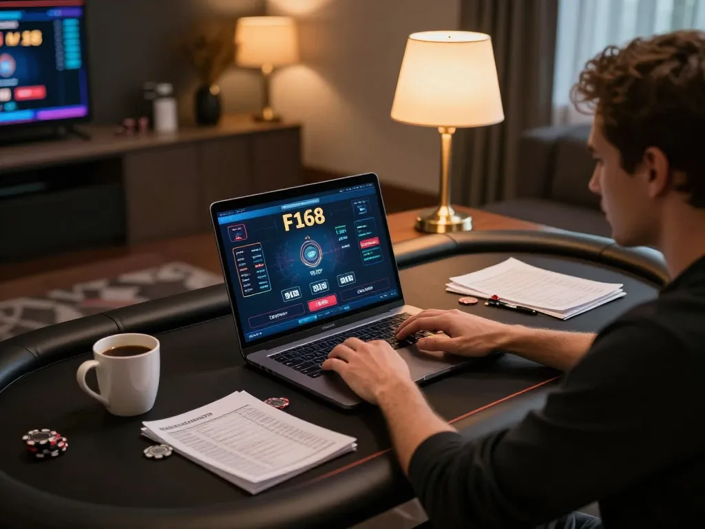 Player engaging with F168 online poker, showcasing a modern gaming setup and bankroll strategy notes.