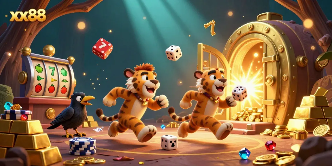 Engage with fun at the xx88 casino, where cartoon caveman duo and jaguar enjoy slot games and treasures.