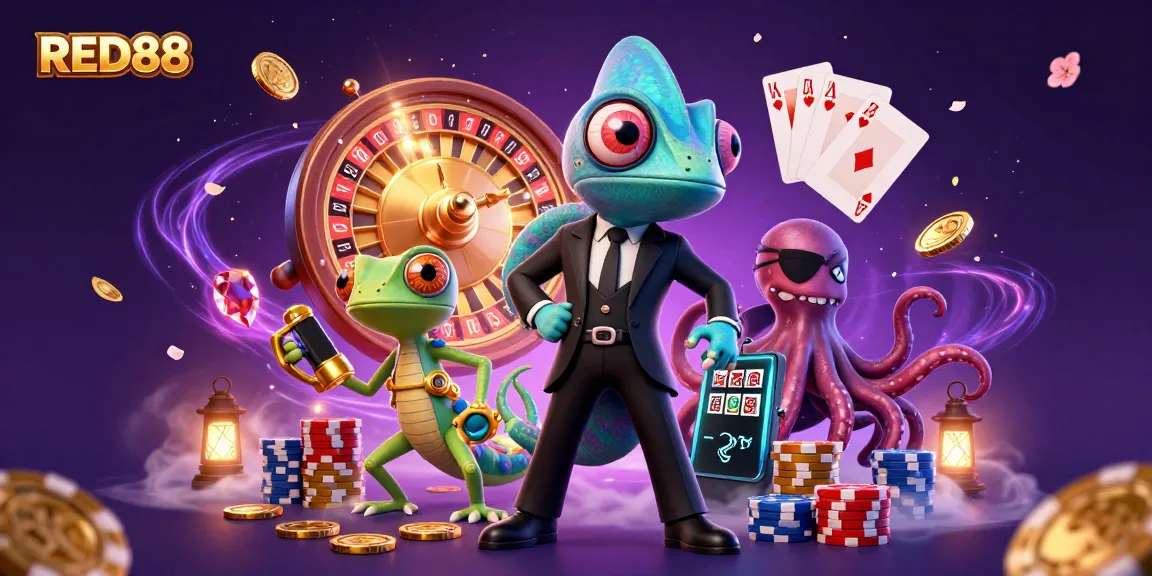 Experience thrilling wins with RED88 in a vibrant 3D casino scene featuring lucky coins, cards, and colorful characters.
