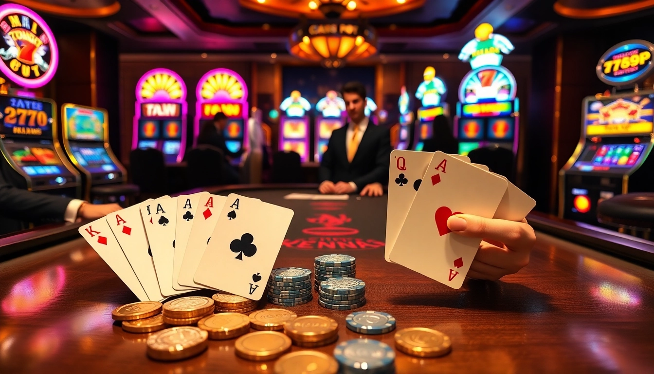 Players winning big at 789P's luxurious casino poker table with vibrant slot machines in view.