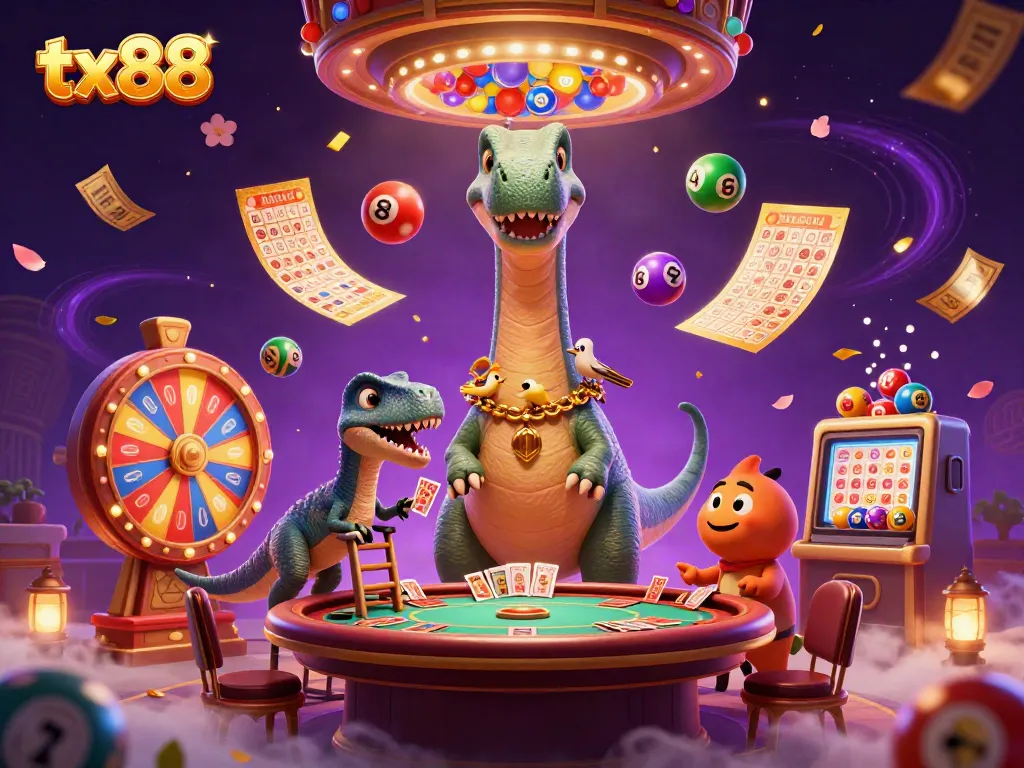 Catch the excitement of tx88 as a brontosaurus oversees a casino with a raptor dealing cards.