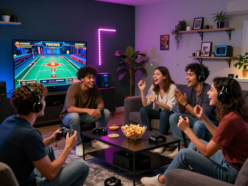 Exciting online casino game session with friends enjoying 79KING platform in stylish living room.