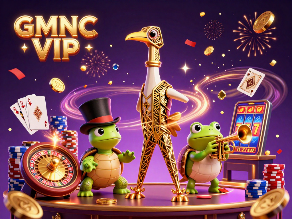 Experience the excitement of GMNC VIP with a vibrant casino scene featuring a crane, turtle, and frog.