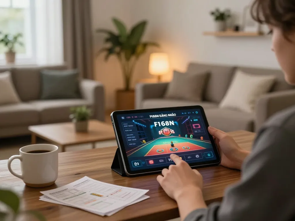 Engaging with F168N ĐĂNG NHẬP on a tablet in a cozy home gaming setup.