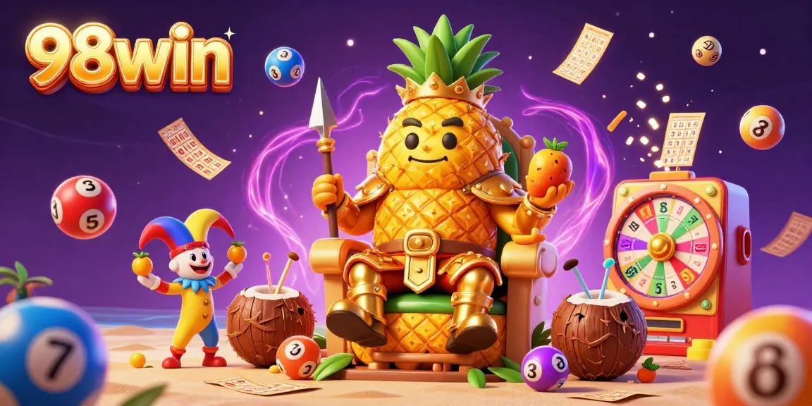Experience the excitement of 98win with a lively casino scene featuring a golden pineapple king and vibrant game elements.
